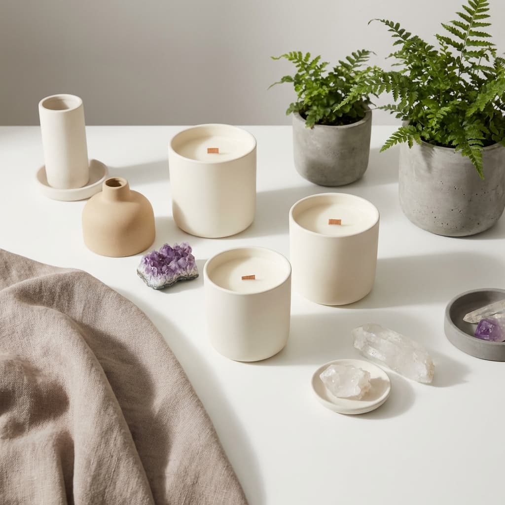 SkyeEssence home décor and wellness products including candles, plants, and crystals
